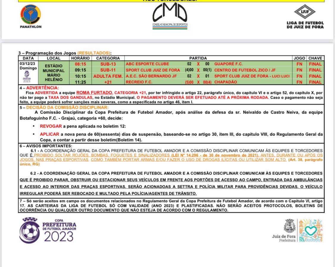 CFZ X AURORA DORTMUND - COPA PREFEITURA FUTEBOL AMADOR 2023 - JUIZ DE  FORA-MG - CATEGORIA SUB-15 